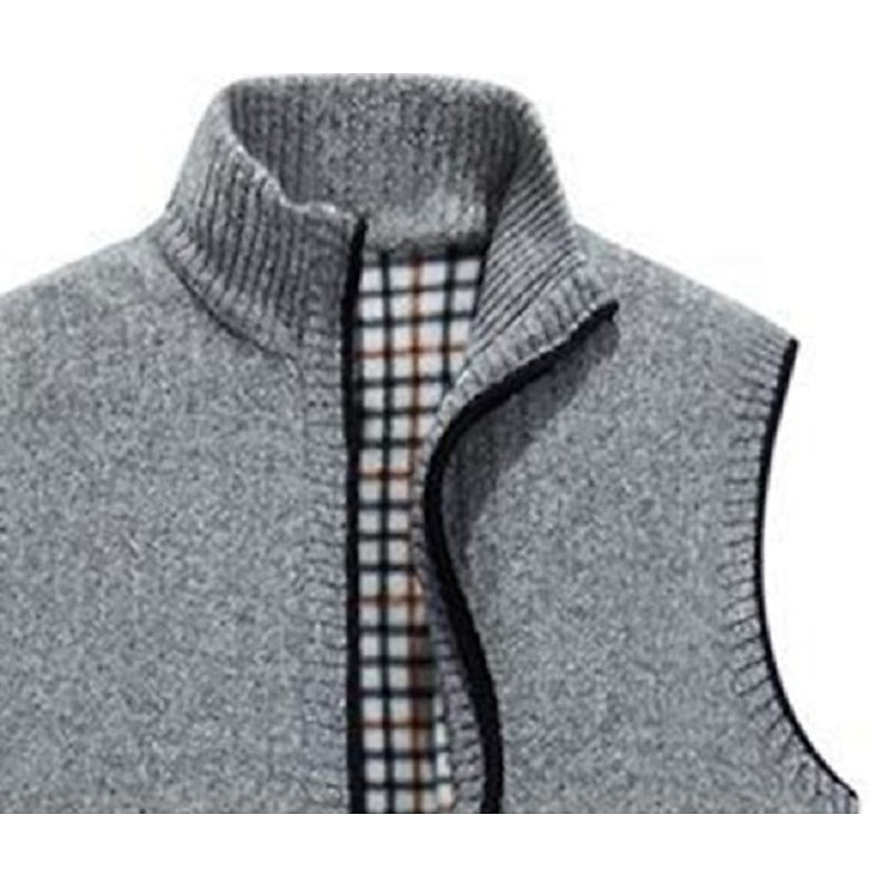 Knit Sweater Vest Men's Stand Collar Zip-Up Fleece Lined Sleeveless Cardigan Gray – Casual, Office, Gift