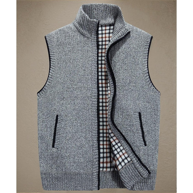 Knit Sweater Vest Men's Stand Collar Zip-Up Fleece Lined Sleeveless Cardigan Gray – Casual, Office, Gift