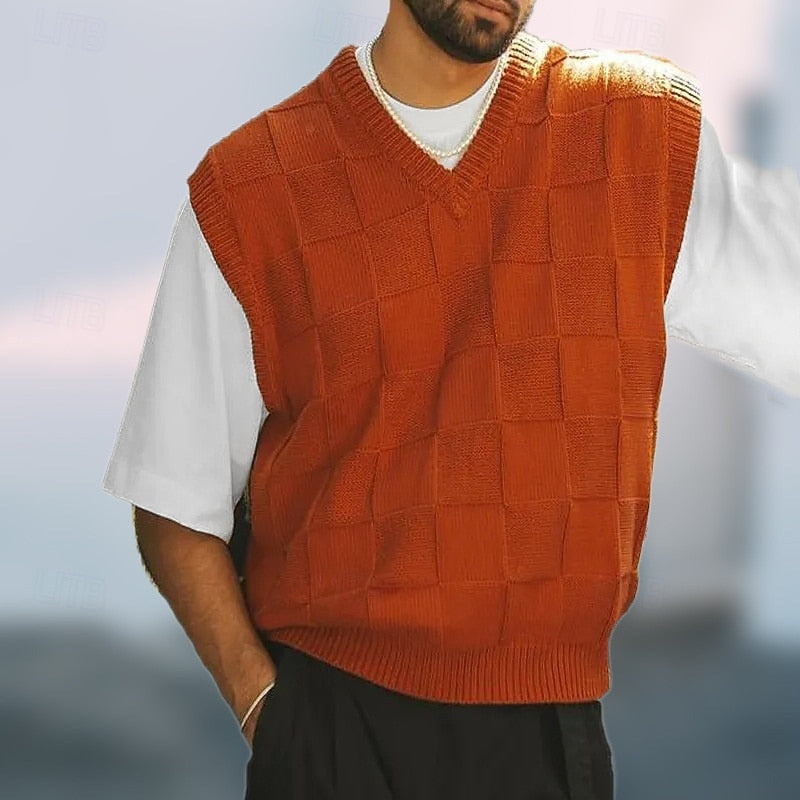Knit Sweater Vest V-Neck Textured Sleeveless Men's – Casual, Office · Faylori