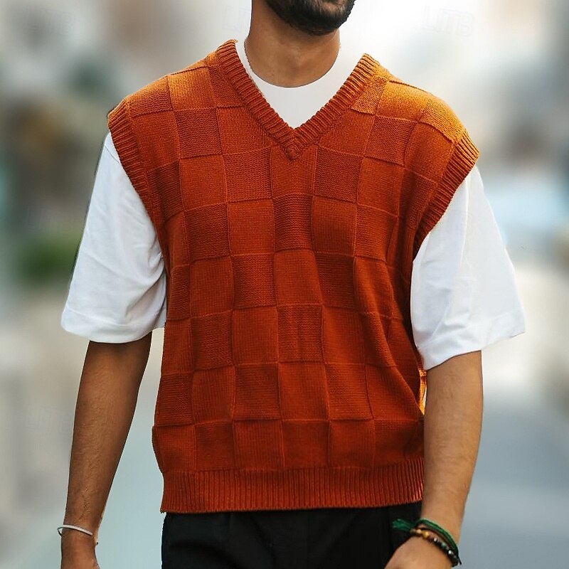 Knit Sweater Vest V-Neck Textured Sleeveless Men's – Casual, Office · Faylori