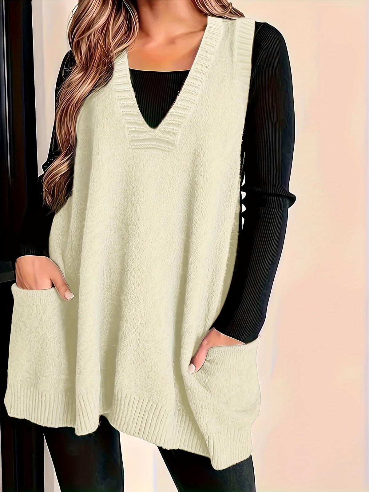 Knit Sweater Vest Women's V-Neck Longline Sleeveless with Pockets – Casual, Layering, Office, Gift