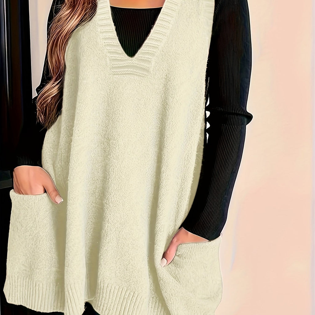 Knit Sweater Vest Women's V-Neck Longline Sleeveless with Pockets – Casual, Layering, Office, Gift