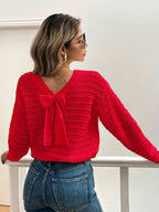 Knit Sweater Women's Bow-Back V-Neck Long Sleeve Pullover – Casual, Office, Holiday, Gift