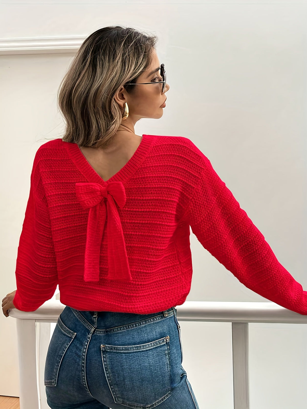 Knit Sweater Women's Bow-Back V-Neck Long Sleeve Pullover – Casual, Office, Holiday, Gift