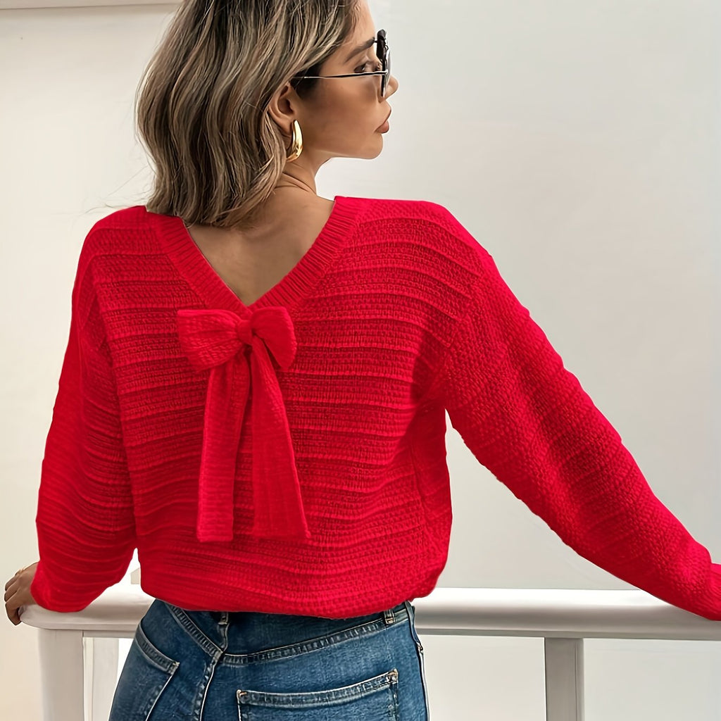 Knit Sweater Women's Bow-Back V-Neck Long Sleeve Pullover – Casual, Office, Holiday, Gift