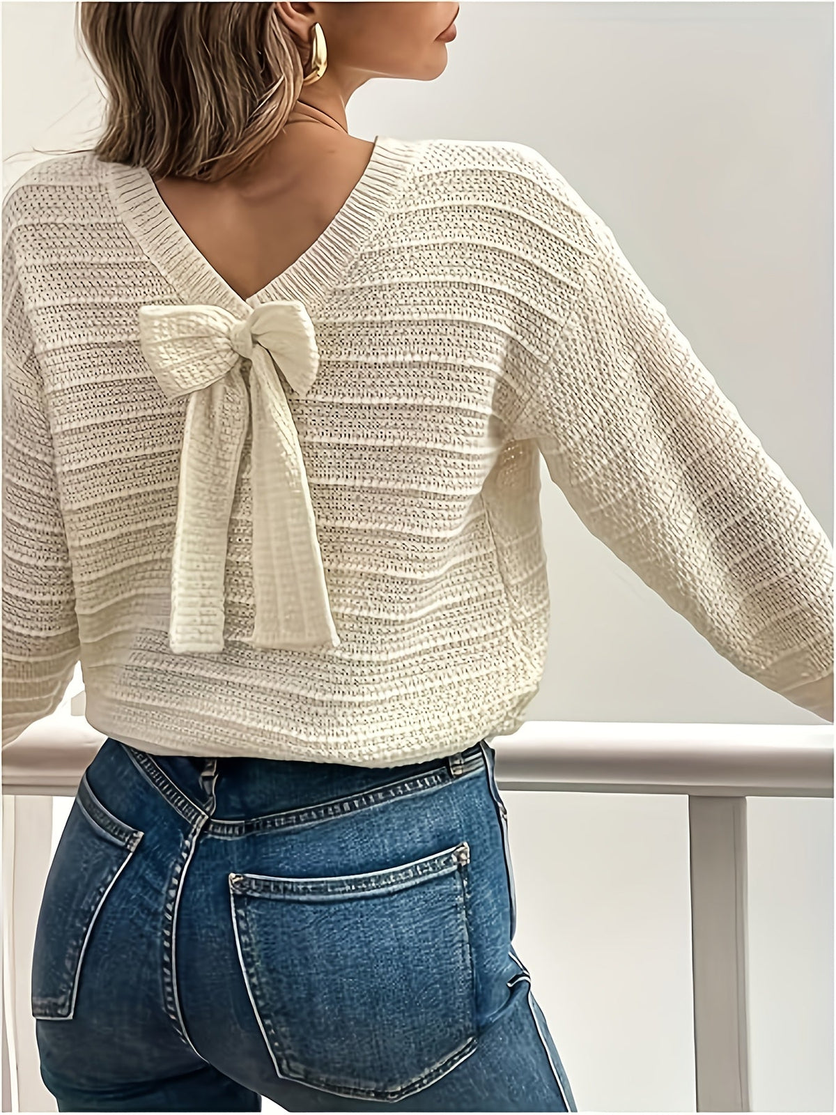 Knit Sweater Women's Bow-Back V-Neck Long Sleeve Pullover – Casual, Office, Holiday, Gift