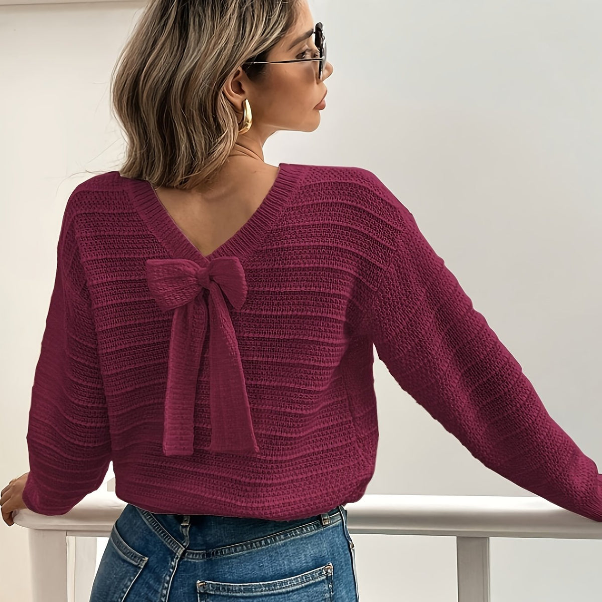 Knit Sweater Women's Bow-Back V-Neck Long Sleeve Pullover – Casual, Office, Holiday, Gift