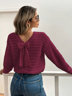 Knit Sweater Women's Bow-Back V-Neck Long Sleeve Pullover – Casual, Office, Holiday, Gift