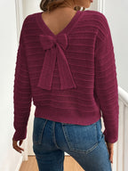 Knit Sweater Women's Bow-Back V-Neck Long Sleeve Pullover – Casual, Office, Holiday, Gift