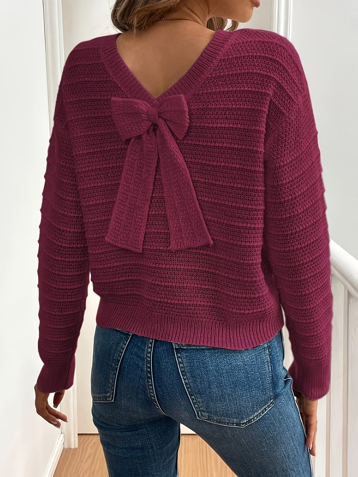 Knit Sweater Women's Bow-Back V-Neck Long Sleeve Pullover – Casual, Office, Holiday, Gift