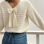 Knit Sweater Women's Bow-Back V-Neck Long Sleeve Pullover – Casual, Office, Holiday, Gift