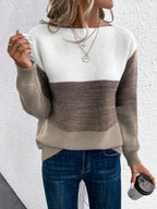 Knit Sweater Women's Color Block Boat Neck Long Sleeve Pullover – Casual, Office, Gift