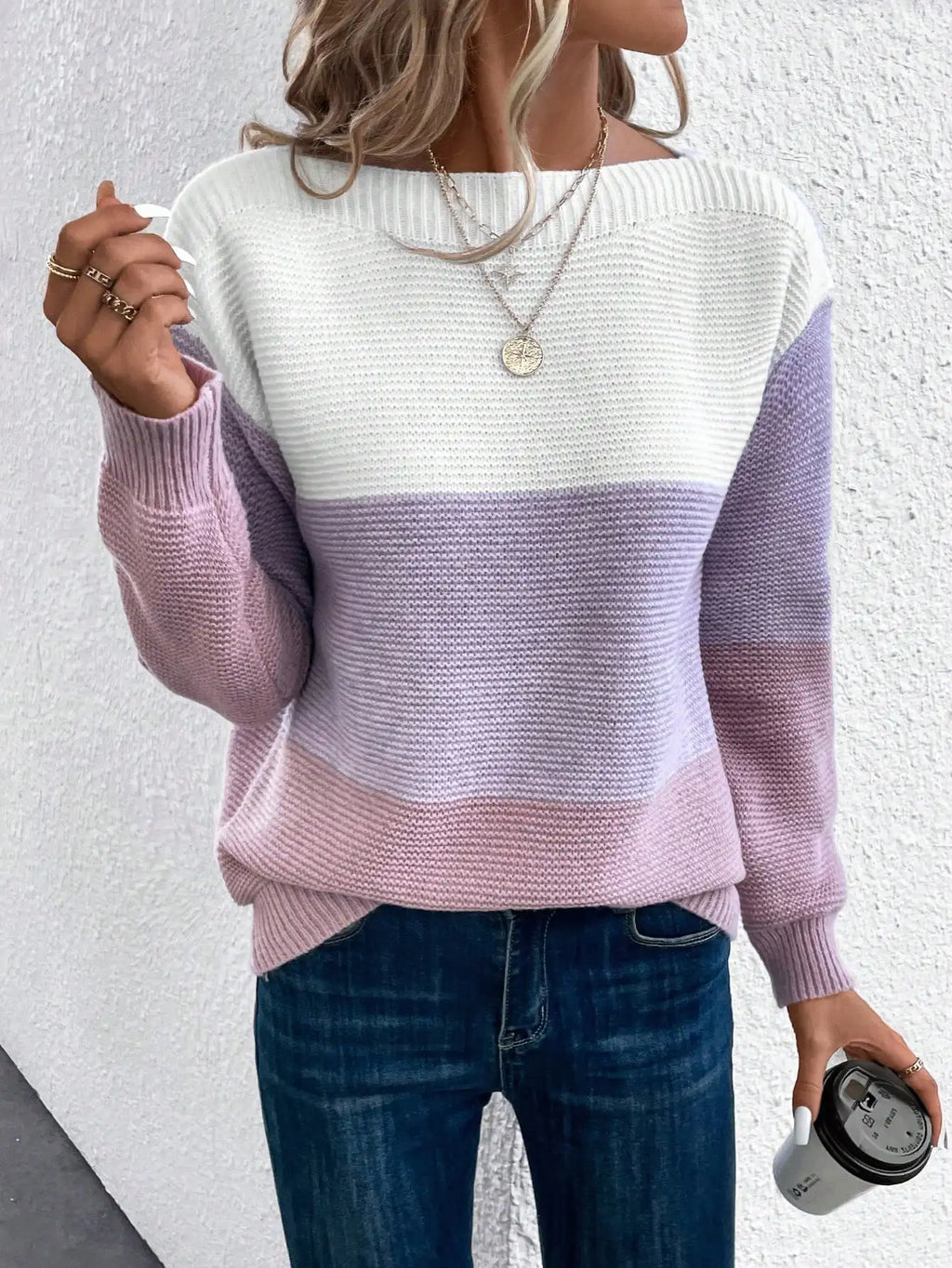 Knit Sweater Women's Color Block Boat Neck Long Sleeve Pullover – Casual, Office, Gift