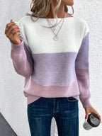 Knit Sweater Women's Color Block Boat Neck Long Sleeve Pullover – Casual, Office, Gift