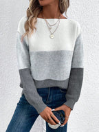 Knit Sweater Women's Color Block Boat Neck Long Sleeve Pullover – Casual, Office, Gift