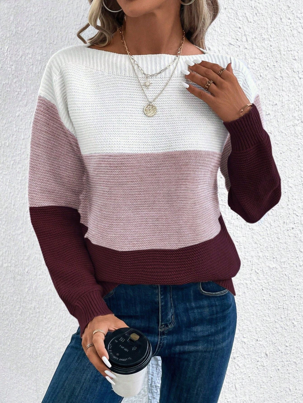 Knit Sweater Women's Color Block Boat Neck Long Sleeve Pullover – Casual, Office, Gift
