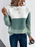 Knit Sweater Women's Color Block Boat Neck Long Sleeve Pullover – Casual, Office, Gift