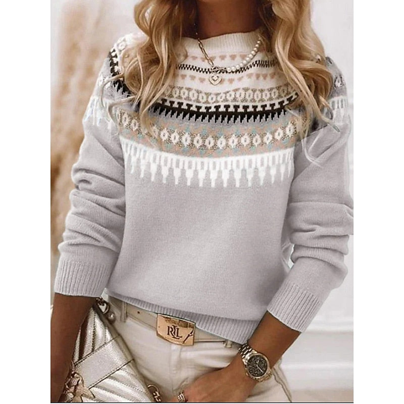 Knit Sweater Women's Fair Isle Pattern Long Sleeve Pullover Blue – Casual, Office, Holiday, Gift