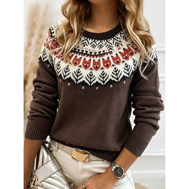 Knit Sweater Women's Fair Isle Pattern Long Sleeve Pullover Blue – Casual, Office, Holiday, Gift