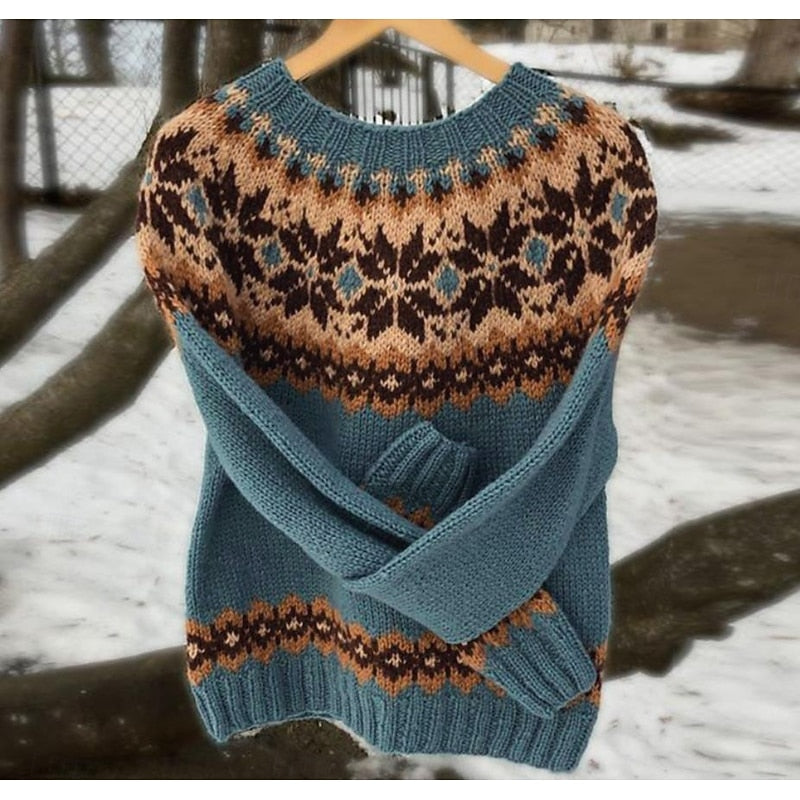 Knit Sweater Women's Fair Isle Pattern Long Sleeve Pullover Blue – Casual, Office, Holiday, Gift