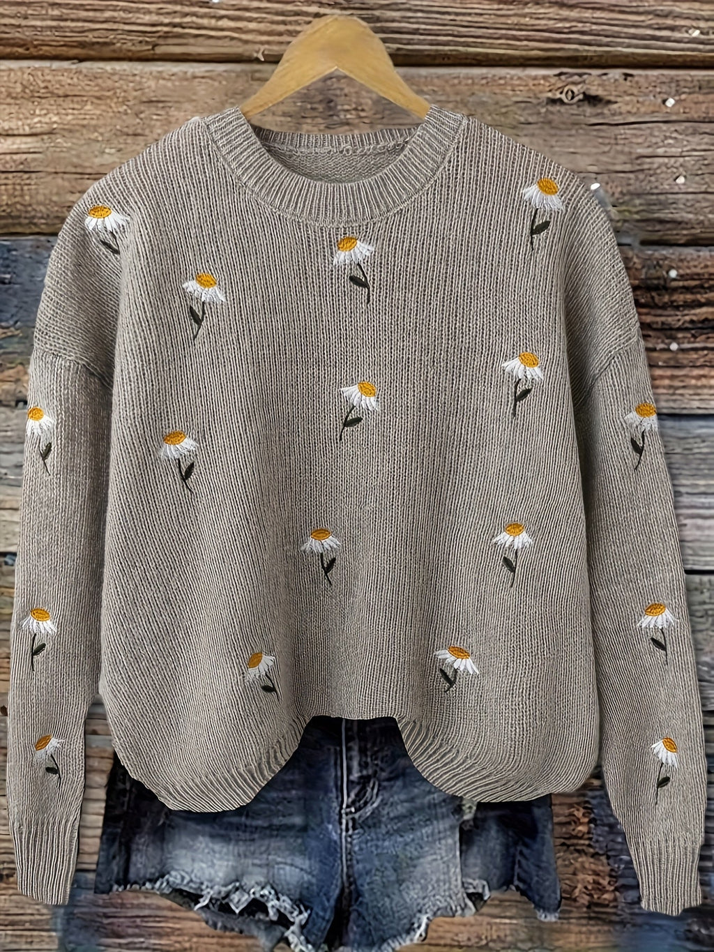 Knit Sweater Women's Floral Embroidered Long-Sleeve Crewneck Pullover – Casual, Office Daily Wear