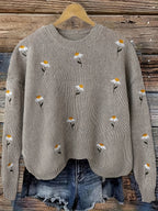 Knit Sweater Women's Floral Embroidered Long-Sleeve Crewneck Pullover – Casual, Office Daily Wear