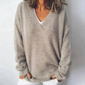 Knit Sweater Women's V-Neck Long Sleeve Beige Pullover – Casual, Office, Holiday, Gift