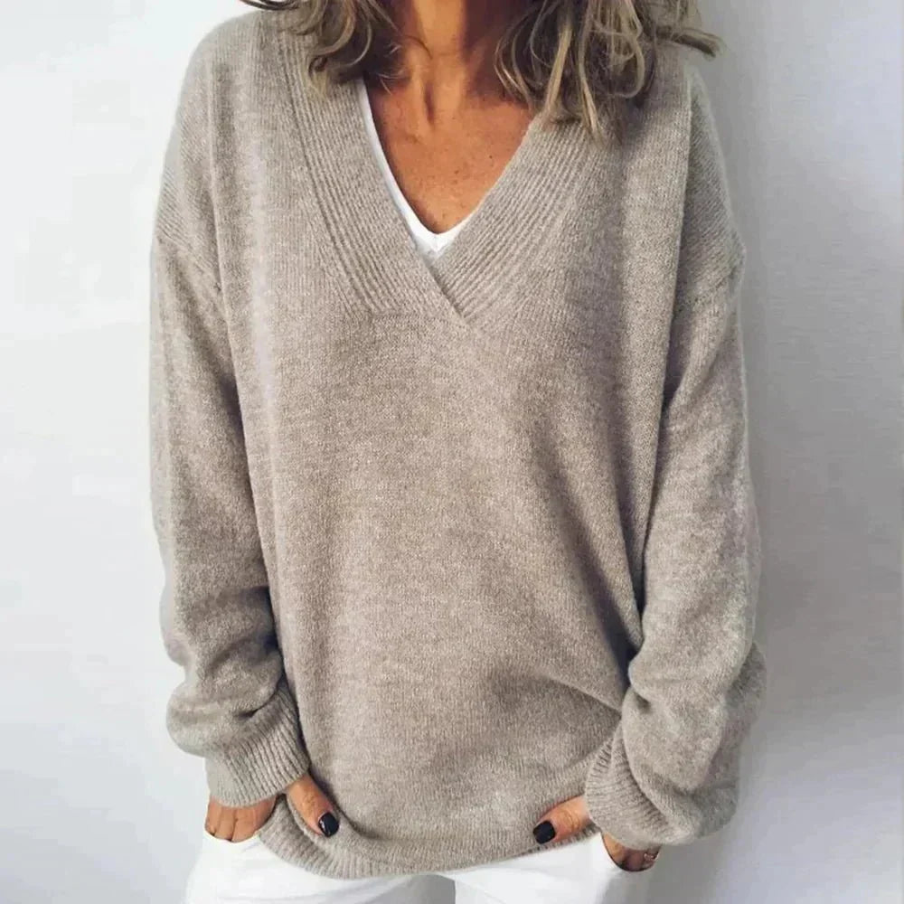 Knit Sweater Women's V-Neck Long Sleeve Beige Pullover – Casual, Office, Holiday, Gift