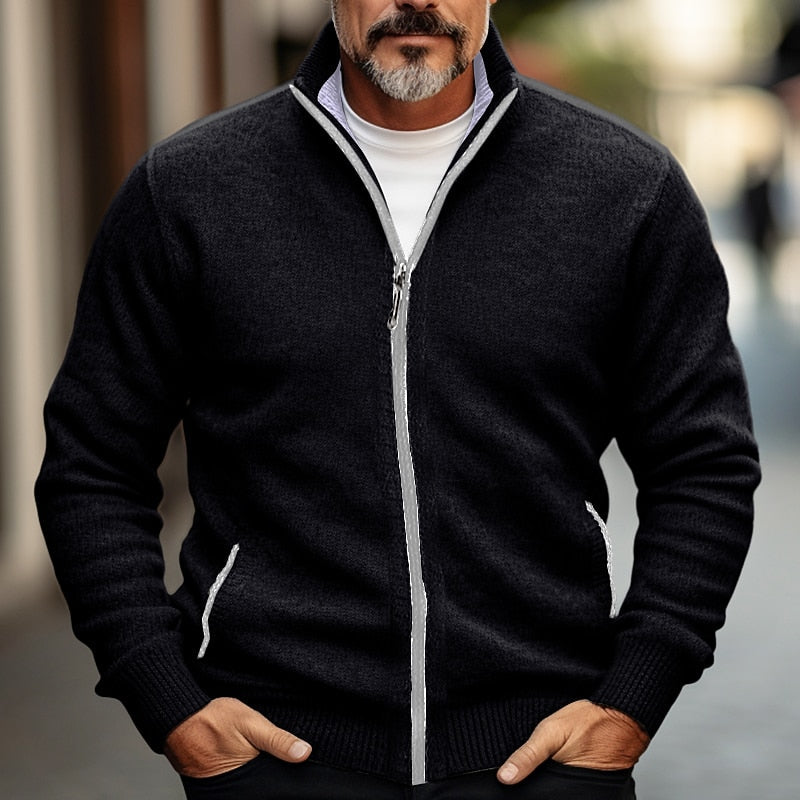 Knit Zip Cardigan Men's Stand Collar Sweater Jacket with Pockets – Casual, Office
