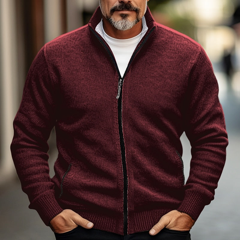 Knit Zip Cardigan Men's Stand Collar Sweater Jacket with Pockets – Casual, Office
