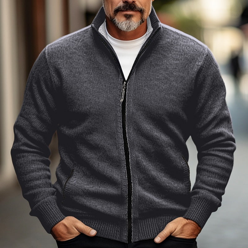 Knit Zip Cardigan Men's Stand Collar Sweater Jacket with Pockets – Casual, Office