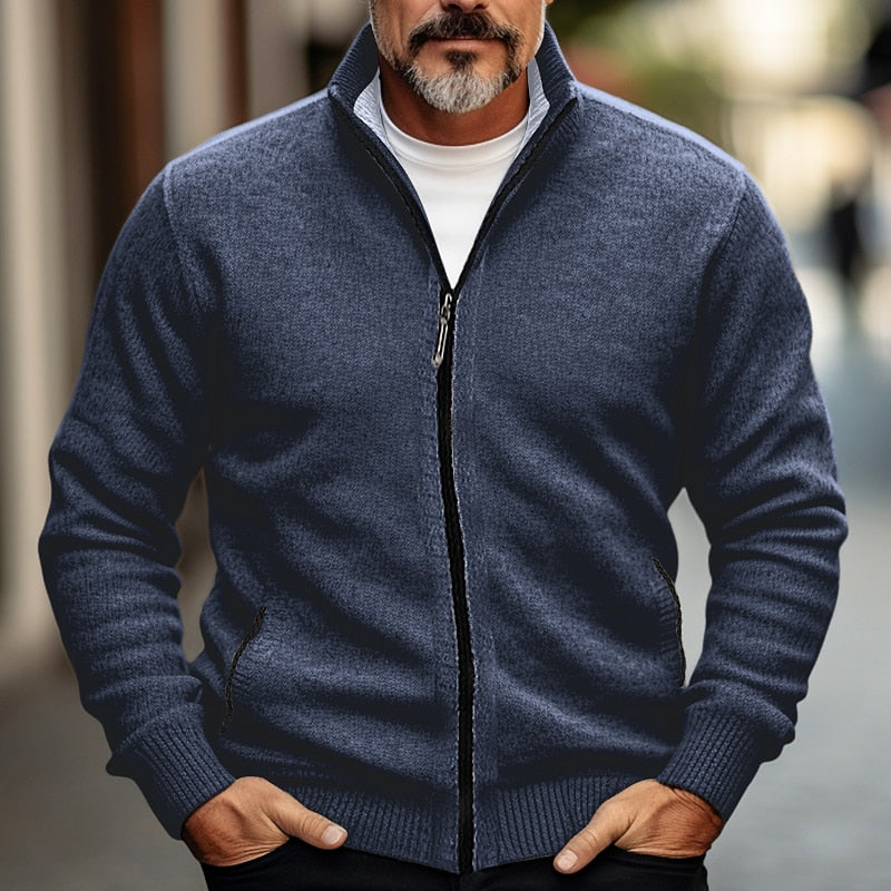 Knit Zip Cardigan Men's Stand Collar Sweater Jacket with Pockets – Casual, Office