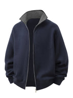 Knit Zip-Up Cardigan Men's Navy High-Neck Collar Sweater Jacket – Casual, Office