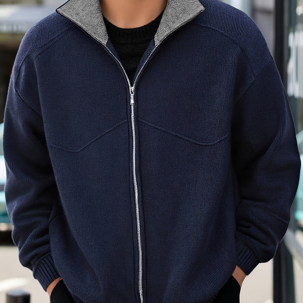 Knit Zip-Up Cardigan Men's Navy High-Neck Collar Sweater Jacket – Casual, Office