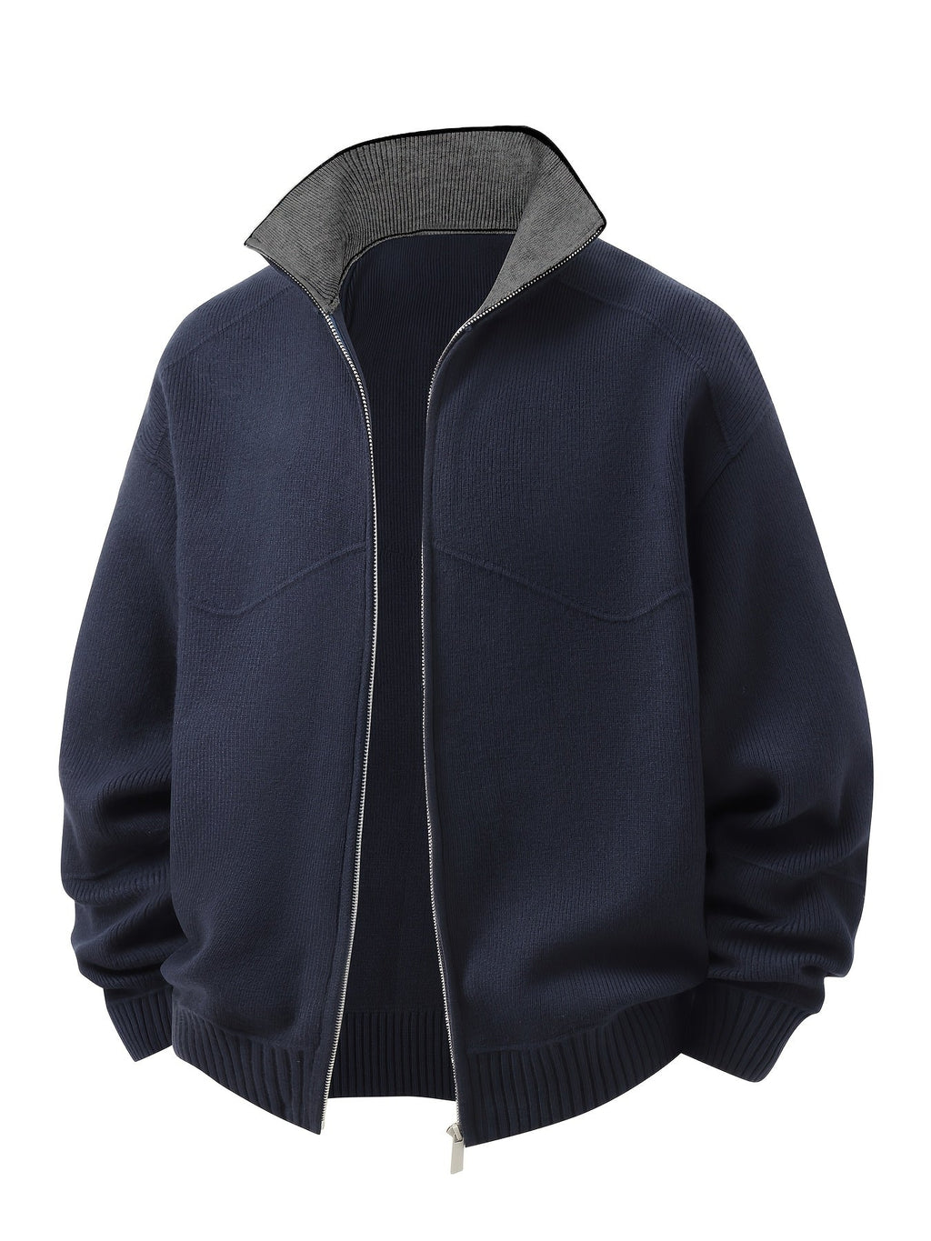 Knit Zip-Up Cardigan Men's Navy High-Neck Sweater Jacket – Casual, Office · Faylori