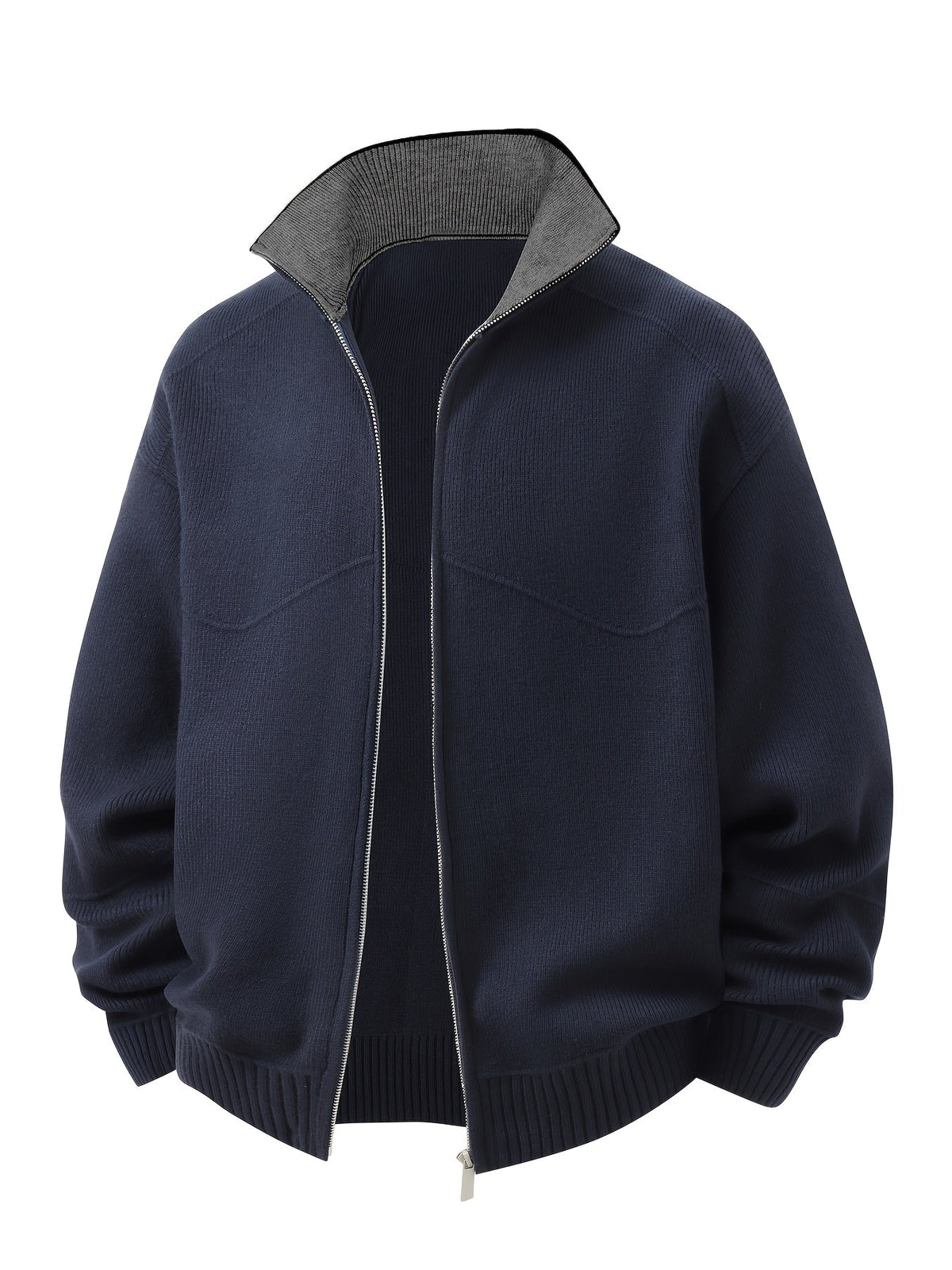 Knit Zip-Up Cardigan Men's Navy High-Neck Sweater Jacket – Casual, Office · Faylori