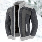 Knit Zip-Up Cardigan Men's Stand Collar Color Block Fleece-Lined Sweater Jacket – Casual, Winter Warmth