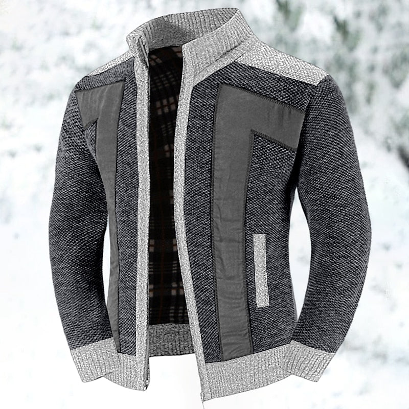 Knit Zip-Up Cardigan Men's Stand Collar Color Block Fleece-Lined Sweater Jacket – Casual, Winter Warmth