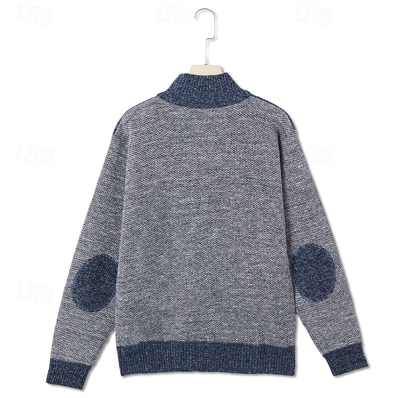 Knit Zip-Up Cardigan Men's Stand Collar Color Block Fleece-Lined Sweater Jacket – Casual, Winter Warmth