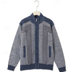 Knit Zip-Up Cardigan Men's Stand Collar Color Block Fleece-Lined Sweater Jacket – Casual, Winter Warmth