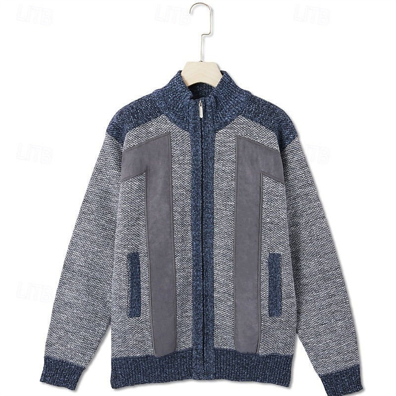 Knit Zip-Up Cardigan Men's Stand Collar Color Block Fleece-Lined Sweater Jacket – Casual, Winter Warmth