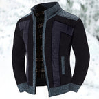 Knit Zip-Up Cardigan Men's Stand Collar Color Block Fleece-Lined Sweater Jacket – Casual, Winter Warmth