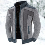 Knit Zip-Up Cardigan Men's Stand Collar Color Block Fleece-Lined Sweater Jacket – Casual, Winter Warmth