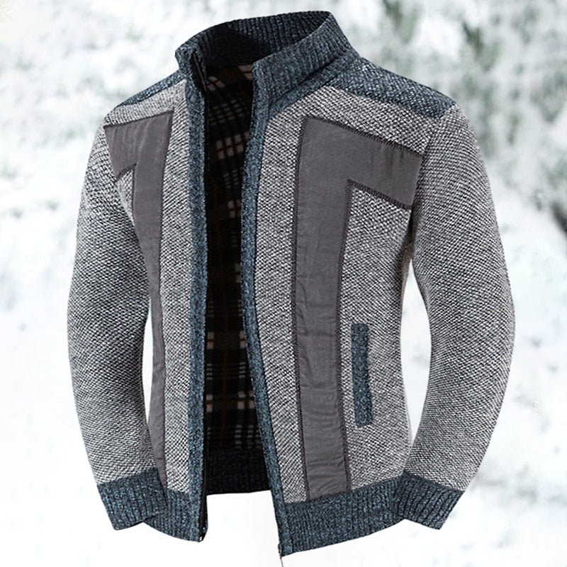 Knit Zip-Up Cardigan Men's Stand Collar Color Block Fleece-Lined Sweater Jacket – Casual, Winter Warmth