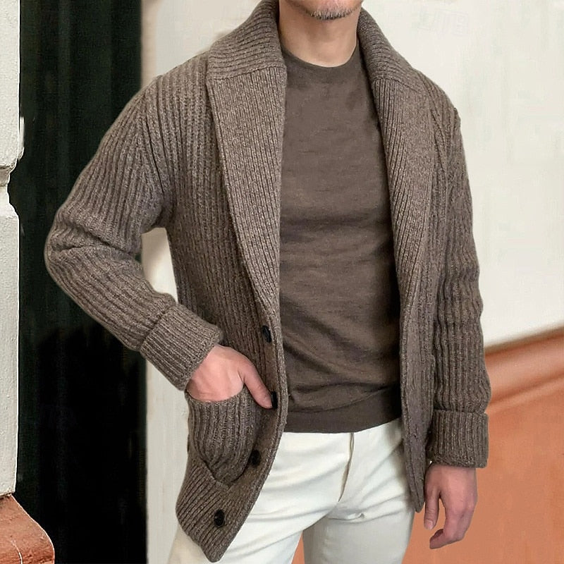 Knitted Shawl Collar Cardigan Men's Ribbed Button-Up with Pockets – Casual, Office