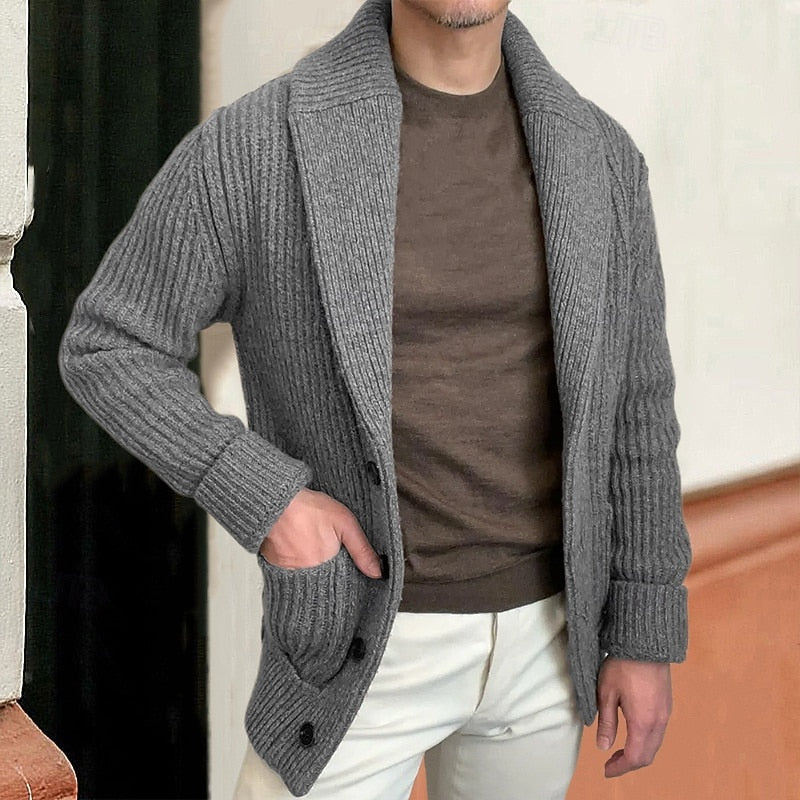Knitted Shawl Collar Cardigan Men's Ribbed Button-Up with Pockets – Casual, Office