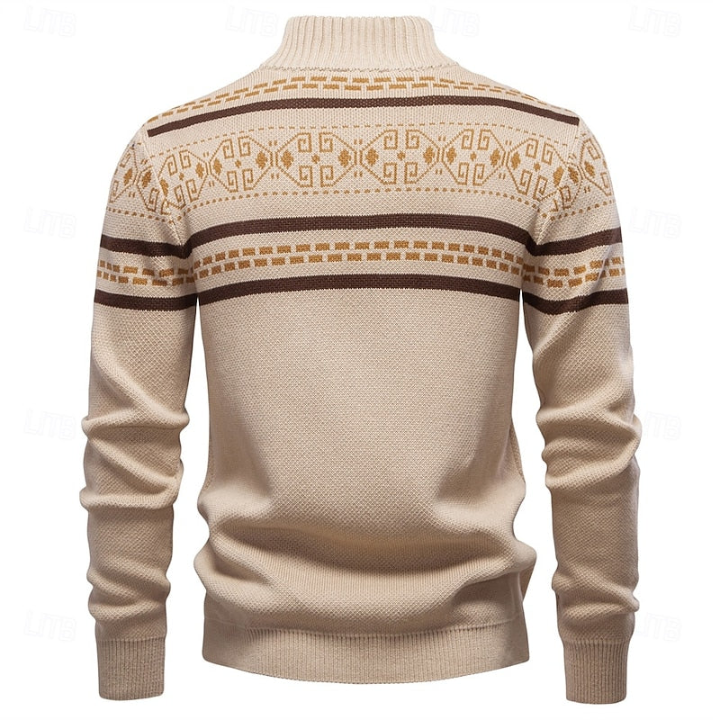 Knitted Zip-Up Cardigan Men's Fair Isle Pattern Stand Collar Sweater – Casual, Holiday Gift