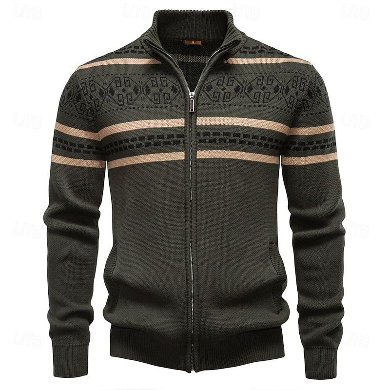 Knitted Zip-Up Cardigan Men's Fair Isle Pattern Stand Collar Sweater – Casual, Holiday Gift