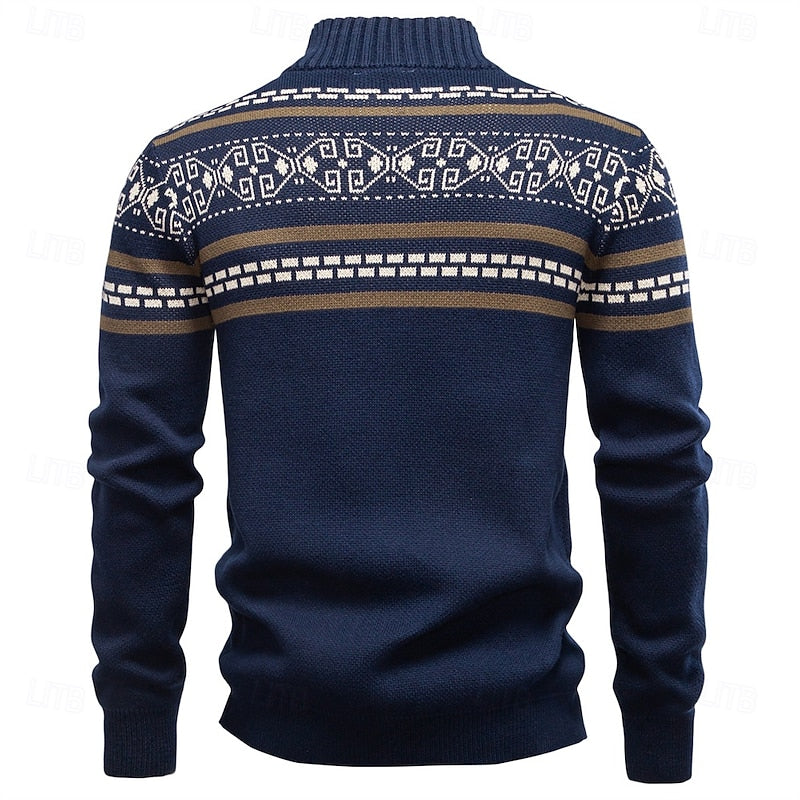 Knitted Zip-Up Cardigan Men's Fair Isle Pattern Stand Collar Sweater – Casual, Holiday Gift