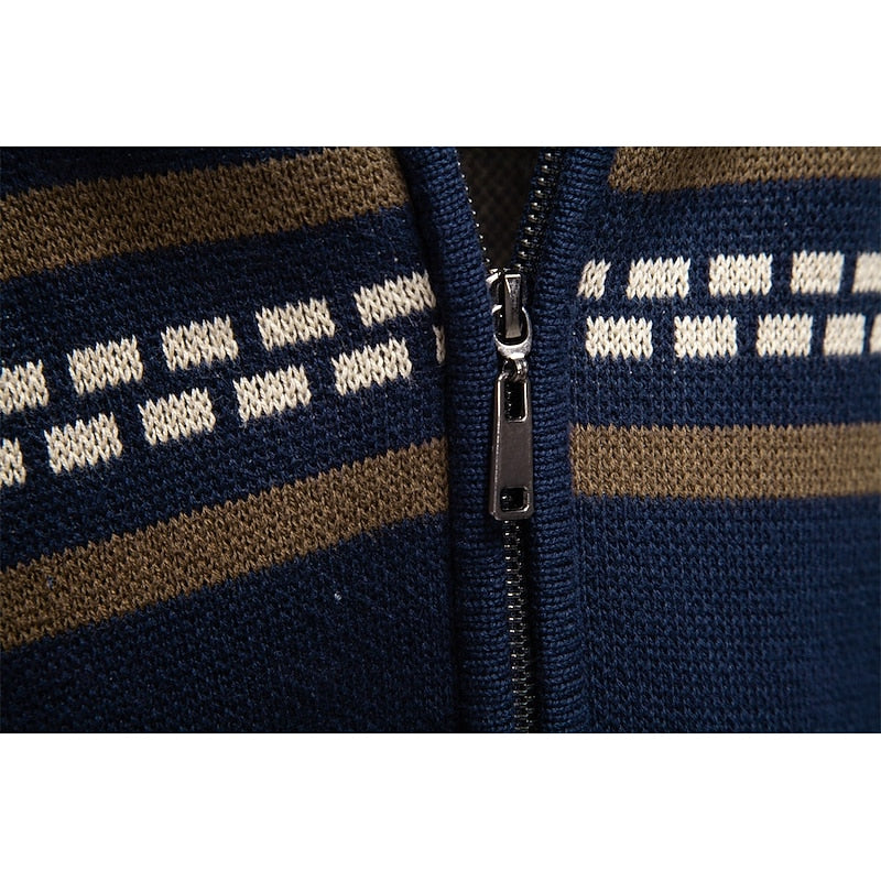 Knitted Zip-Up Cardigan Men's Fair Isle Pattern Stand Collar Sweater – Casual, Holiday Gift
